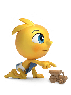 krabbelnder Baby-Character mit Holzspielzeug